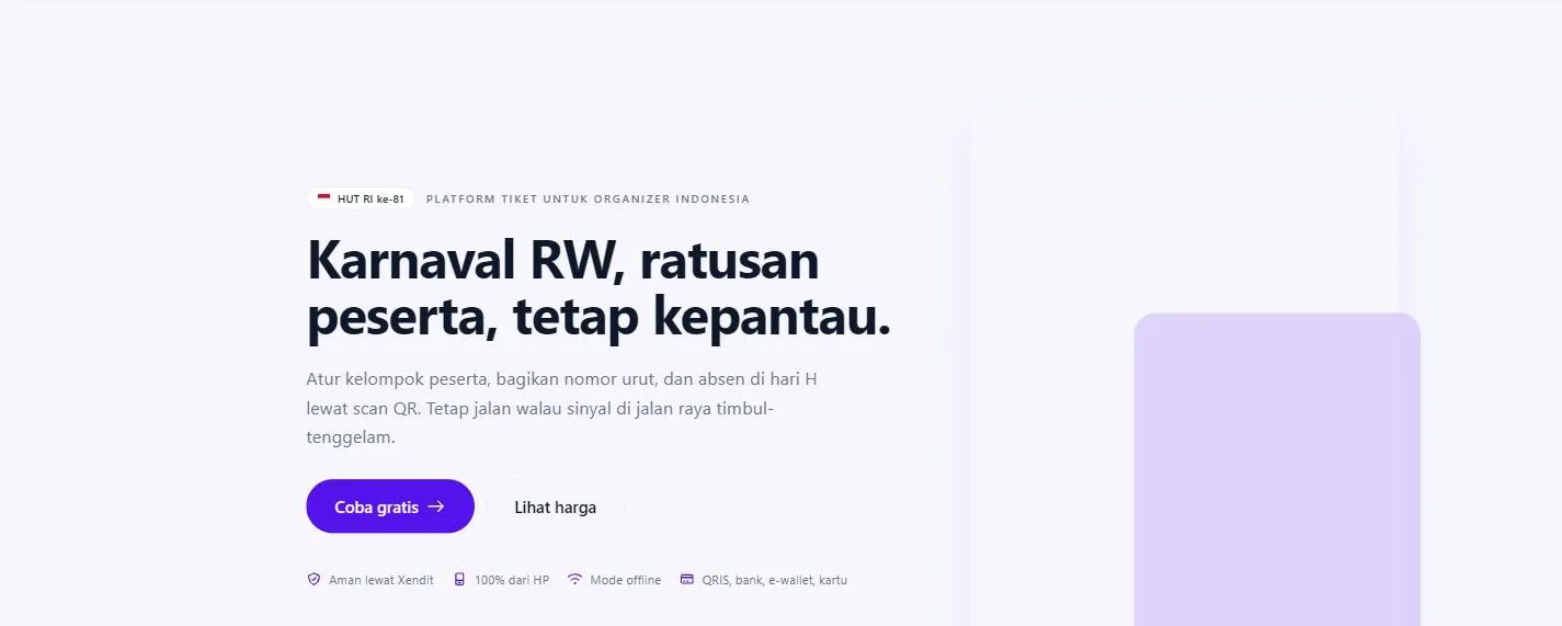 Evento homepage: a ticketing platform for Indonesian organizers, with an event page shown on a phone