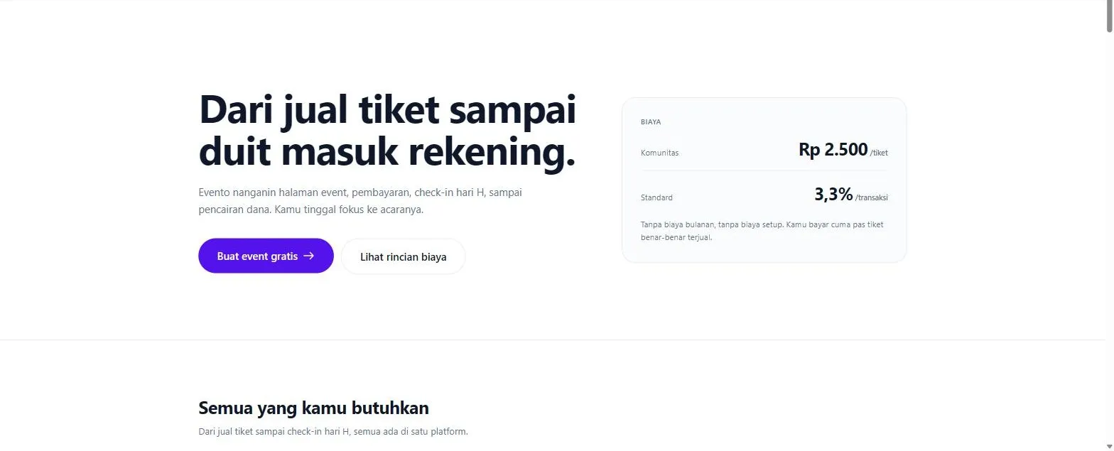 Evento features page with pricing: Komunitas Rp 2.500 per ticket, Standard 3,3% per transaction